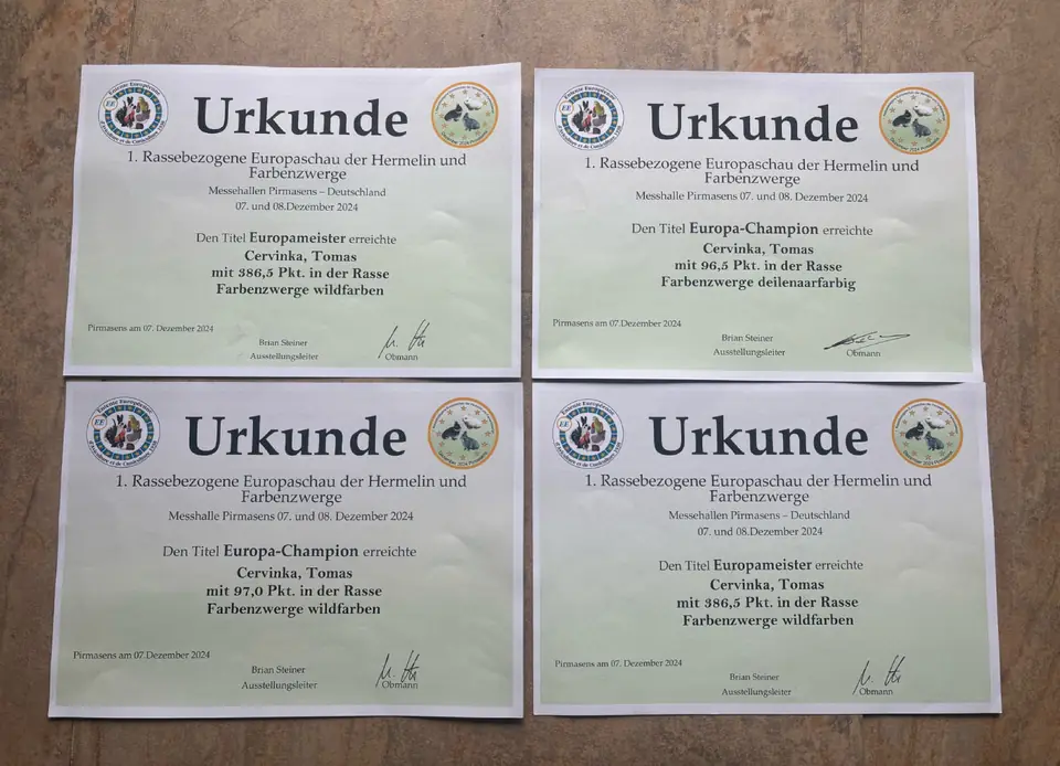Diplomy z&nbsp;Evropské speciální výstavy v&nbsp;Pirmasensu